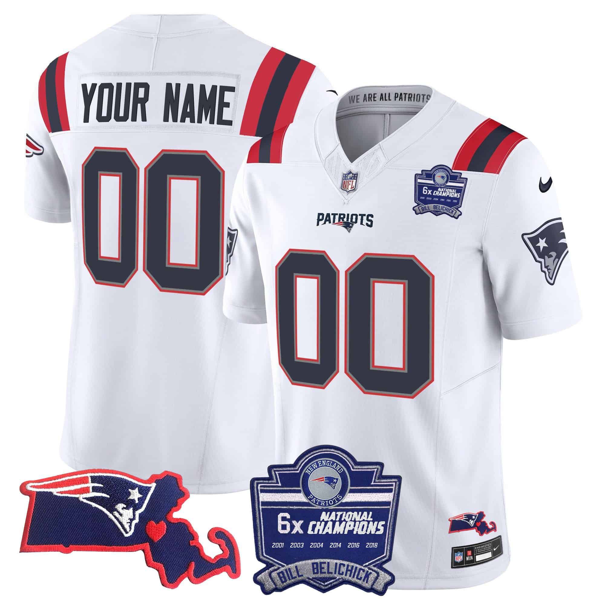 Men New England Patriots White 2024 Nike 6x Champions Patch Vapor Custom NFL Jersey->customized nfl jersey->Custom Jersey